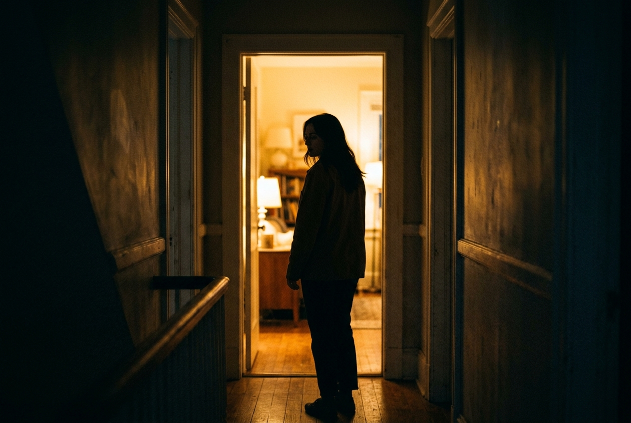 A warm doorway opening at dusk