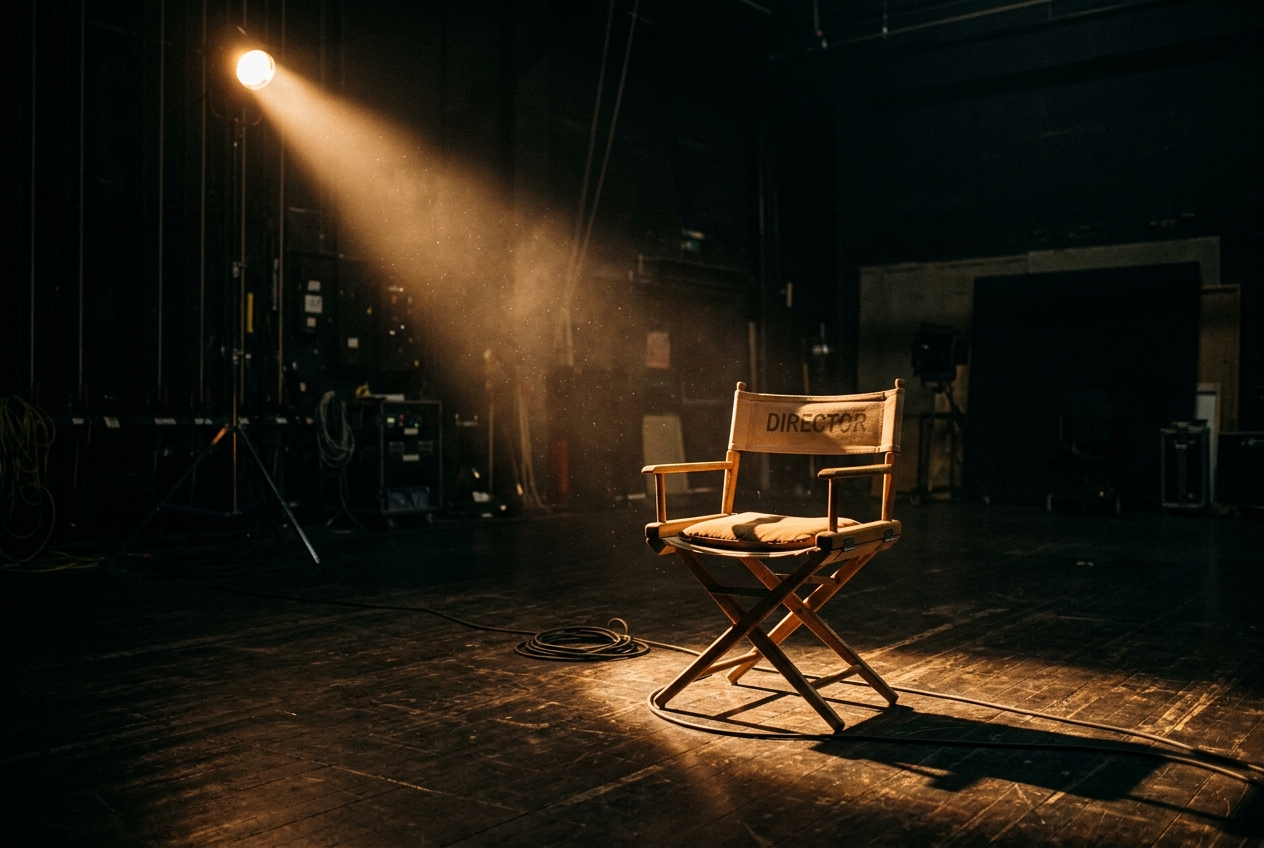 A spotlit chair on an empty film set
