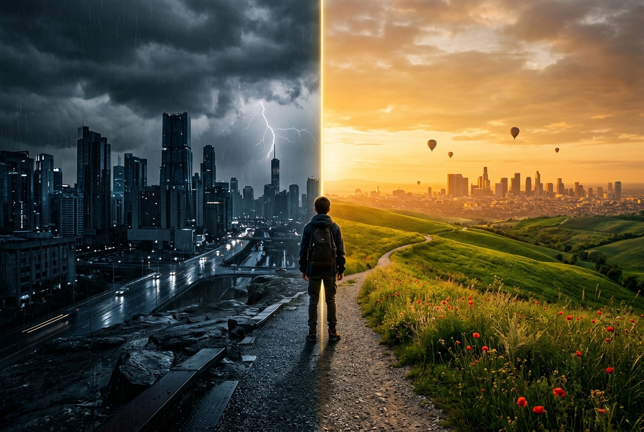 A figure standing where two possible worlds divide
